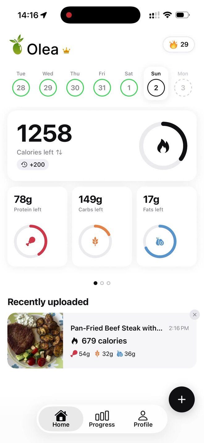 Olea dashboard with the scanned meal logged