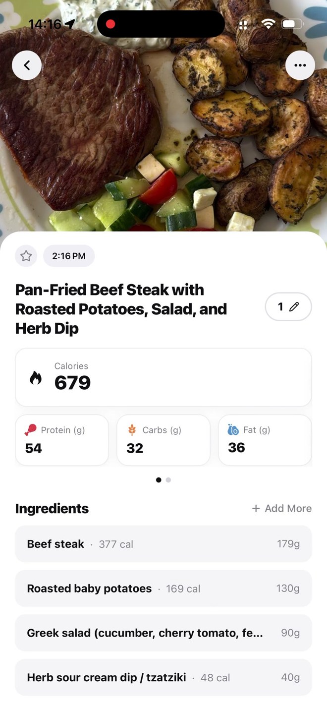 AI nutrition breakdown: 726 calories with per-ingredient detail